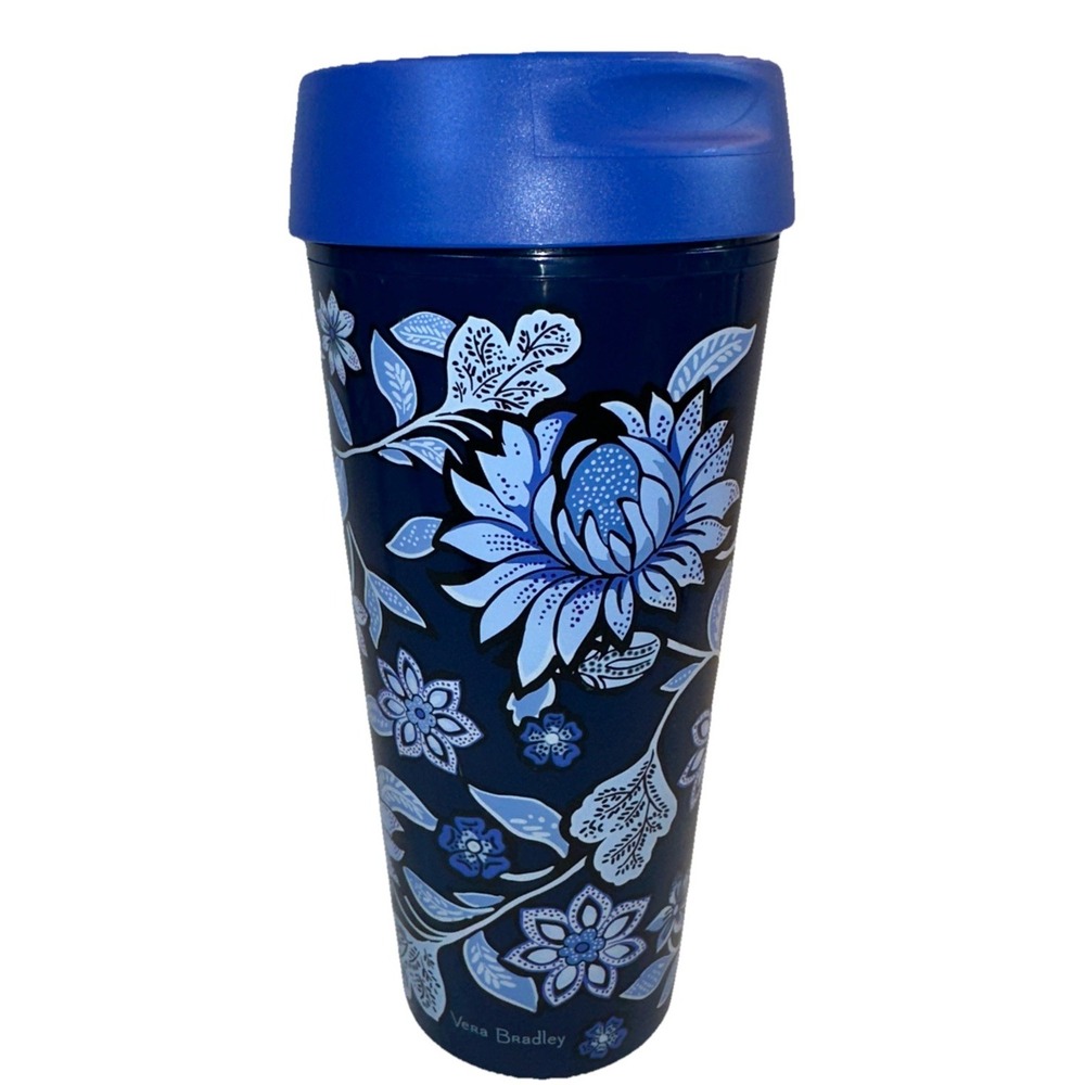 Vera Bradley Blue Floral Thermal Travel Mug 16 oz Flip Top Lid Tea Coffee Cruise
